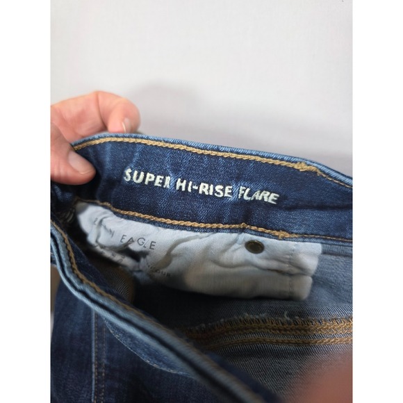 American Eagle Women Jeans 16 Short Super Hi-Rise Flare Stretch Great Whiskering - Picture 9 of 11